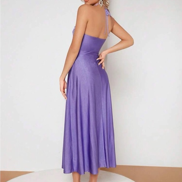 Purple Tie Backless Halter top ruched midi Dress - Picture 2 of 5